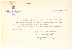 Autografo originale 1962 PAVIA Istituto di Geologia  Prof. Alfredo BONI direttore Autografo 1