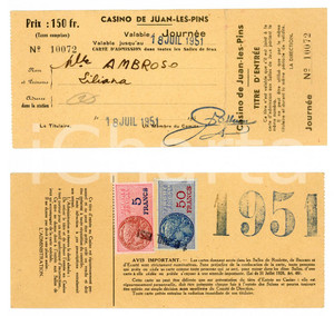 Oggetto da collezione cartaceo 1951 CASINO DE JUANLESPINS Titre d entrÃ©e 16x7 cm 1
