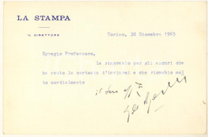 Autografo originale 1965 TORINO  LA STAMPA Biglietto Giulio DE BENEDETTI direttore  Autografo 1