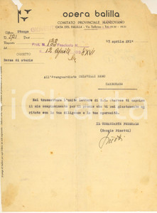Documento originale, autentico 1938 MANTOVA Opera BALILLA  Lettera Sergio PINOTTI ad avanguardista Autografo 1