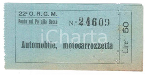 Oggetto da collezione cartaceo 1950 ca MEZZANINO Ponte della Becca sul Po Biglietto auto e motocarrozzetta 2 1