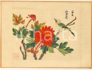 Stampa, bozzetto originale 1950 ca CHINA Uccello con fiori  Dipinto originale su seta 21x15 cm 5 1