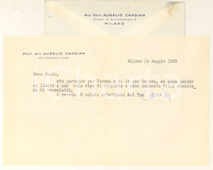 Autografo originale 1963 MILANO Lettera Aurelio CANDIAN in partenza per Verona  Autografo 1