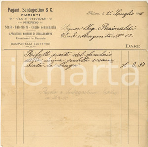 Documento originale, autentico 1910 MILANO Via S. Vittore  PAGANI, SANTAGOSTINO & C. Fumisti  Fattura 1