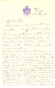 1918 VIAREGGIO Lettera Ugo BRUSATI ricompensato dal Re - AUTOGRAFO Lunga lettera, interamente autografa, del generale e senatore Ugo Brusati, che racconta come ha servito la patria anche oltre l'et&agrave; in cui desiderava il ritiro ed &egrave; stato ricompensato dal Re con l'onorificenza di conte.CONDIZIONI: fair (piegatura centrale)PAGINE: 1  (2 facciate)    originale e autentica 1