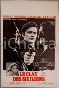 1969 CINEMA - LE CLAN DES SICILIENS Alain DELON Jean GABIN Lino VENTURA Affiche Locandina originale d'epoca.Realizzata per l'uscita del film in Belgio.  POOR/danneggiato Piegature d'epoca, forellini da affissione agli angoli,  piccoli strappi ai margini Formato: 36x55 cm originale e autentica 1