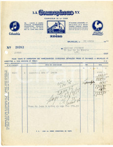 1938 BRUXELLES S. A. GRAMOPHONE - Facture / Letterhead COLUMBIA - PATHE' (2) Fattura d'epoca, su carta intestata.CONDIZIONI: F (fori da classificatore al lato sinistro e piegature d'epoca)PAGINE: 1      originale e autentica 1