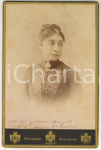 1880 ca RISORGIMENTO GENOVA Ritratto Luigia RAMORINO - Foto MONTABONE autografo Fotografia originale d'epoca, su cartoncino rigido. La fotografia presenta la dedica autografa di Luigia Ramorino (parente del garibaldino Giuseppe Ramorino) a Caterina Maffezzoli, moglie dell'altro patriota e garibaldino Oreste Bronzetti.FOTOGRAFO: Montabone - C. Masini - Genova GOOD/buono  Formato: 10x15 cm originale e autentica 1