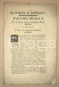 1812 MILANO Lite dama Luisa SERBELLONI BUSCA - Prestito a Caterina II di Russia Interessante documento a stampa, originale d'epoca, contenente promemoria e sentenza nella causa tra i nobili Luisa Serbelloni Busca e Giovanni Battista Serbelloni, relativa a un prestito aperto a Genova a favore dell'imperatrice Caterina II di Russia cui aveva contribuito la famiglia Serbelloni. Alla nobildonna viene riconosciuto il credito con gli interessi proveniente per via di eredità.PAGINE: 24 FAIR/discreto lievi gualciture; macchie e ingiallimenti Formato: 22x34 cm originale e autentica 1