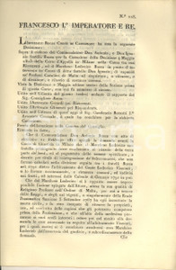 1814 BRESCIA Lite nobile Lodovico BUSCA contro il fratello *CAVALIERI DI MALTA Documento a stampa, originale d'epoca, contenente la deliberazione relativa a una causa che vedeva contrapposto il marchese Lodovico Busca al fratello Antonio, religioso professo nell'Istituto Gerosolimitano (Ospitalieri di San Giovanni di Gerusalemme o Cavalieri di Malta). La questione era relativa alla capacità giuridica a ritenere il dominio dei beni personali posseduti prima dell'ingresso nella professione religiosa da parte di Antonio Busca e la "morte civile" dovuta al nuovo stato religioso. Antonio Busca, pertanto, non poteva pretendere nulla dal fratello in termini di spettanze patrimoniali.PAGINE: 8 GOOD/buono ma lievi bruniture marginali Formato: 22x34 cm originale e autentica 1