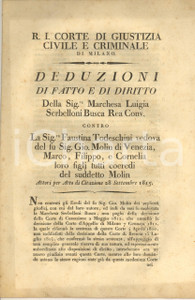 1815 MILANO Lite Luisa SERBELLONI BUSCA vs Faustina TODESCHINI MOLIN di Venezia Interessante fascicolo a stampa, originale d'epoca, relativo causa che vedeva contrapposti i nobili Luisa Serbelloni Busca e Lodovico Busca agli eredi Molin per il pagamento di una somma legata a un fedecommesso.Copertina in carta.PAGINE: 54 GOOD/buono ma lievi tracce d'uso Formato: 21x29 cm originale e autentica 1