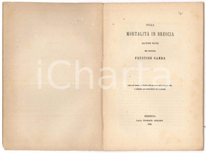 1884 Faustino GAMBA Sulla mortalità in Brescia - Tip. Apollonio Pubblicazione d'epoca.EDITORE: Tipografia Apollonio - BresciaPAGINE: 39 FAIR/discreto Bruniture diffuse alle pagine Formato: 15x22 cm originale e autentica 1