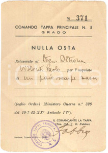 Documento originale, autentico 1942 WW2 GRADO Comando Tappa Principale 5  Nulla osta Paolo OLTRONA VISCONTI 1 1