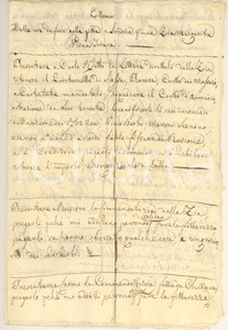 1830 ca CHIAVENNA Cose da farsi nella gita a Sondrio per zia Margherita TRIACA Documento manoscritto, originale d'epoca, redatto da Cristoforo Triaca, nipote di Margherita, vedova Triaca. Si tratta di un elenco di commissioni di natura amministrativa da svolgersi per conto della zia, che mostra attività e interessi della famiglia Triaca in quel periodo.PAGINE: 4 + copertina in carta bianca CONDIZIONI:FAIR/discreto piegature d'epocaFORMATO: 19x29 cm originale e autentica 1