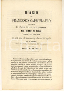 1854 NAPOLI Gaetano NOBILE editore - Volantino "Diario di Francesco Capecelatro" Volantino pubblicitario dell'editore napoletano Gaetano Nobile.PAGINE: 4  FAIR/discreto piegature d'epoca Formato: 14x20 cm originale e autentica 1