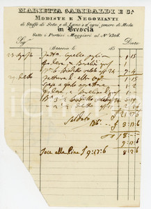 1830 ca BRESCIA Marietta GARIBALDI Modista e negoziante in stoffe - Fattura Fattura d'epoca.  VERY POOR/gravemente danneggiato Margini rifilati a mano, estesa mancanza all'angolo inferiore sinistro dovuta a un taglio Formato: 12x18 cm originale e autentica 1