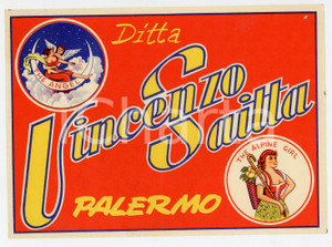 1960 ca PALERMO Ditta Vincenzo SAITTA Etichetta illustrata 24x17 cm (1) Etichetta illustrata d'epoca. FAIR/discreto Piegatura centrale d'epoca, piegature agli angoli, forellino all'angolo superiore destro Formato: 24x17 cm originale e autentica 1