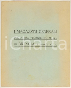 1935 ca BRESCIA I Magazzini Generali della Soc. BORGHETTO M. G. *23 pp. Pubblicazione originale d'epoca, con illustrazioni b/n sui magazzini a Brescia e provincia.PAGINE: 23 FAIR/discreto lievi piegature Formato: 20x24 cm originale e autentica 1
