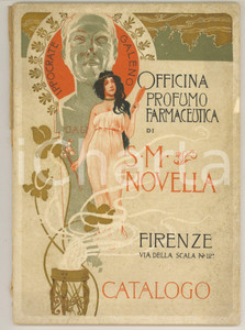 1908 FIRENZE Officina Profumo Farmaceutica S.M.NOVELLA *Catalogo RARO ILLUSTRATO Rato catalogo, originale d'epoca, con illustrazioni b/n.Pregevole copertina liberty illustrata a colori.PAGINE: 81 POOR/danneggiato buone condizioni interne, ma copertina danneggiata da strappi, macchie, lievi piegature e mancanza al lato destro Formato: 17x24 cm originale e autentica 1