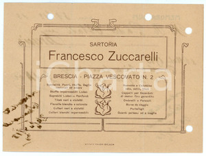 1913 BRESCIA Sartoria Francesco ZUCCARELLI Ricevuta 16x12 cm Ricevuta d'epoca. FAIR/discreto Piegature centrali d'epoca, fori da classificatore ai margini Formato: 16x12 cm originale e autentica 1
