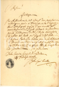 1848 BONDONE (TN) Ricevuta per messa suffragio conte Sebastiano Paride LODRON Documento manoscritto, originale d'epoca, con timbro della chiesa parrocchiale che raffigura la Vergine Maria.PAGINE: 4 (1 scritta) POOR/danneggiato piegature d'epoca; macchie di umidità ai margini Formato: 21x30 cm originale e autentica 1