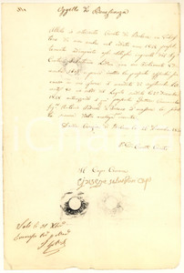1848 BOLONE (BS) Padre Giovanni CESCOTTI - Saldo legato conte Sebastiano LODRON Lettera autografa del curato, padre Giovanni Cescotti, relativa alla riscossione di un legato.PAGINE: 1 FAIR/discreto piegature d'epoca Formato: 16x24 cm originale e autentica 1