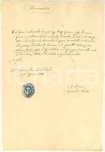 1858 VILLA DI SALO' Certificato nozze Giovanni RIZZA Maria MILONI *Don VECCHI Certificato manoscritto, rilasciato dal parroco, don Alessandro Vecchi.Timbro della parrocchia.PAGINE: 1 GOOD/buono lievi piegature d'epoca Formato: 21x31 cm originale e autentica 1