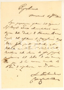 1842 MONASTEROLO Conte Cesare Pompeo CASTELBARCO su credito nuora *Autografo Lettera interamente autografa del noto politico e intellettuale milanese Cesare Pompeo Castelbarco, relativa alla restituzione di un credito spettante alla nuora, contessa Edoarda Scotti Castelbarco.PAGINE: 4 (1 scritta) FAIR/discreto piegature d'epoca; lievi macchie Formato: 16x23 cm originale e autentica 1