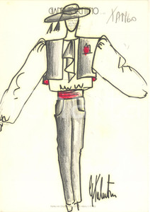 1990 ca MODA MILANO Gianni TOLENTINO - Bozzetto costume torero *AUTOGRAFO Bozzetto originale, autografo, realizzato a pennarello e pastello, di mano dello stilista Gianni Tolentino.Su carta, con intestazione dello showroom di via Bigli 19. GOOD/buono  Formato: 21x30 cm originale e autentica 1