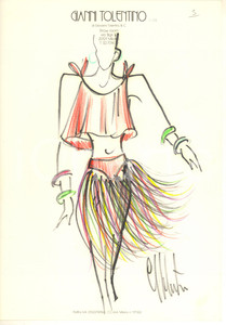 1990 ca MODA MILANO Gianni TOLENTINO - Bozzetto costume ballerina *AUTOGRAFO Bozzetto originale, autografo, realizzato a pennarello e pastello, di mano dello stilista Gianni Tolentino.Su carta, con intestazione dello showroom di via Bigli 19. GOOD/buono  Formato: 21x30 cm originale e autentica 1