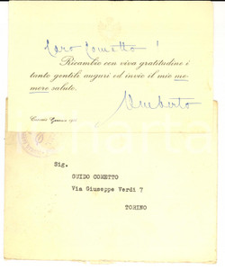 Autografo originale 1955 CASCAIS Auguri re UMBERTO II in esilio a Guido COMETTO Biglietto autografo 1