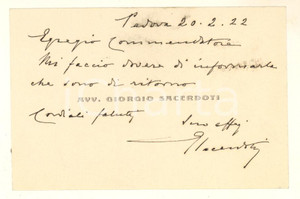 1922 PADOVA Avv. Giorgio SACERDOTI - Biglietto da visita autografo Biglietto da visita originale d'epoca, con messaggio autografo. GOOD/buono   originale e autentica 1