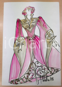 1986 MODA Gianni TOLENTINO - Bozzetto Isabella "Capitan Fracassa" *AUTOGRAFO (2) Bozzetto originale, autografo, disegnato e colorato a mano dallo stilista Gianni Tolentino.Si tratta del bozzetto per un costume di scena per "Capitan Fracassa".Su carta. GOOD/buono  Formato: 33x48 cm originale e autentica 1