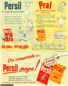 Materiale pubblicitario d’epoca 1955 ca Detersivi PERSIL - PRAL Pubblicità ILLUSTRATA - 2 buoni sconto 1