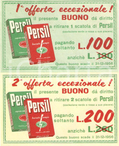 Materiale pubblicitario d’epoca 1956 Detersivo PERSIL Due offerte eccezionali buoni sconto  Pubblicità 1