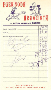 Materiale pubblicitario d’epoca 1965 ca ROMA Aranciata EGER SODA Società AC-MI *Ricevuta ILLUSTRATA 9x17 cm 1