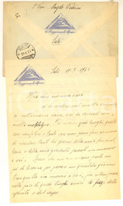 1943 SALO' 6° Reggimento Alpini - Lettera s. ten. Angelo PEDRINI Lettera originale d'epoca, scritta da un sottufficiale degli Alpini alla famiglia.Su carta intestata; busta viaggiata.PAGINE: 1 (2 facciate)  FAIR/discreto piegature d'epoca Formato: 16x21 cm originale e autentica 1