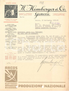 Documento originale, autentico 1933 GENOVA Ditta W. HOMBERGER Elettrodi ARCOS Lettera commerciale 1
