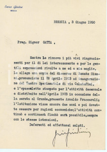 1950 BRESCIA Enrico GHIDINI su invio copia discorso di Renato Simoni *Autografo Lettera dattiloscritto d'epoca, su carta intestata.Con firma autografa dell'autore.  FAIR/discreto Piegatura centrale d'epoca Formato: 16x22 cm originale e autentica 1