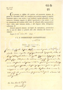 1833 SOSPIRO (CR) Lavori lungo il Dugale BALCARIO - Ordine a un proprietario  Documento a stampa con inserti manoscritti, originale d'epoca, che contiene l'intimazione a un proprietario terriero locale per eseguire opere di manutenzione lungo il Dugale Balcario. GOOD/buono  Formato: 19x27 cm originale e autentica 1