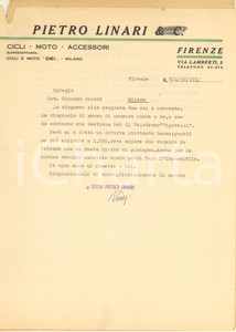 Autografo originale 1938 CICLISMO FIRENZE Pietro LINARI lamenta offerta troppo bassa Autografo 1