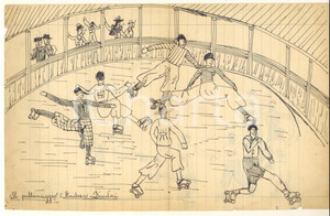 1940 ca MILANO Andrea DISERTORI - "Il pattinaggio" *Disegno doppio AUTOGRAFO Coppia di disegni a china, realizzati sui due lati di uno stesso foglio da un giovanissimo Andrea Disertori (futuro architetto e illustratore), entrambi con firma autografa. POOR/danneggiato piegature d'epoca; piccoli strappi Formato: 28x18 cm originale e autentica 1