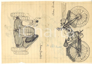 1940 ca MILANO Andrea DISERTORI - Moto e aeroplani *Disegno doppio AUTOGRAFO Coppia di disegni a china, realizzati sui due lati di uno stesso foglio da un giovanissimo Andrea Disertori (futuro architetto e illustratore), entrambi con firma autografa. POOR/danneggiato piegature d'epoca; piccoli strappi Formato: 28x18 cm originale e autentica 1