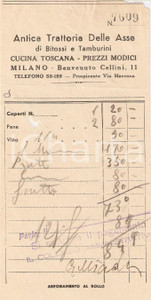 Materiale pubblicitario d’epoca 1950 ca MILANO Antica Trattoria delle Asse di BITOSSI e TAMBURINI Ricevuta 2 1