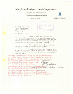 Manoscritto, lettera originale 1956 PITTSBURGH Allegheny Ludlum Steel Corporation G. A. HANKE Autograph 1