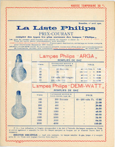 Avril 1920 BRUXELLES Liste lampes PHILIPS prix courant  - ILLUSTRE' 2 Listino prezzi d'epoca, illustrato.PAGINE: 4  FAIR/discreto lieve piegatura angolare  originale e autentica 1