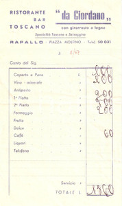 Materiale pubblicitario d’epoca 1967 RAPALLO GE Ristorante toscano da Giordano con girarrosto Ricevuta 1