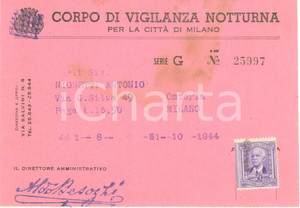 Documento originale, autentico 1944 MILANO RSI Corpo vigilanza notturna per osteria di Antonio NIGRETTI 3 1