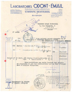 Documento originale, autentico 1949 AVIGNON F Laboratoires ODONTEMAIL  Ciments dentaires Fattura 1
