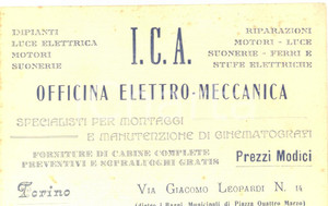 Materiale pubblicitario d’epoca 1930 ca TORINO I.C.A. Officina elettromeccanica cinematografi Cartoncino 1